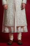 Char Chaand_Ivory Chikankari Embroidery Thread Floral Sherwani Set _at_Aza_Fashions