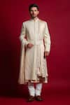 Buy_Char Chaand_Ivory Linen Satin Embroidery Gota Geometric Sherwani Set _at_Aza_Fashions