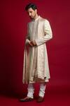 Char Chaand_Ivory Linen Satin Embroidery Gota Geometric Sherwani Set _Online_at_Aza_Fashions