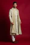 Char Chaand_Ivory Linen Satin Embroidery Gota Geometric Sherwani Set _Online