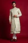 Buy_Char Chaand_Ivory Linen Satin Embroidery Gota Geometric Sherwani Set _Online