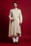 Buy_Char Chaand_Ivory Linen Satin Embroidery Aari Sherwani Set _at_Aza_Fashions