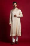 Char Chaand_Ivory Linen Satin Embroidery Aari Sherwani Set _at_Aza_Fashions