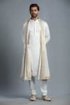 Char Chaand_Ivory Linen Satin Embroidery Glass Bead Sherwani Set _Online_at_Aza_Fashions