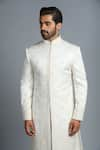 Char Chaand_Ivory Linen Satin Embroidery Glass Bead Sherwani Set _at_Aza_Fashions