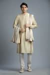 Buy_Char Chaand_Beige Linen Satin Embroidery Thread Floral Vine Sherwani Set _at_Aza_Fashions