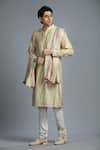 Buy_Char Chaand_Beige Linen Satin Embroidery Thread Floral Vine Sherwani Set _Online_at_Aza_Fashions