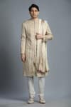 Shop_Char Chaand_Beige Linen Satin Embroidery Thread Floral Vine Sherwani Set _Online_at_Aza_Fashions