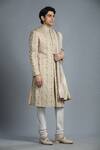 Char Chaand_Beige Linen Satin Embroidery Thread Floral Vine Sherwani Set _at_Aza_Fashions