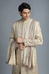 Buy_Char Chaand_Beige Linen Satin Embroidery Thread Floral Vine Sherwani Set 