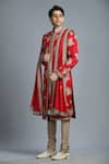 Shop_Char Chaand_Red Linen Satin Embroidery Aari Floral Sherwani Set _Online_at_Aza_Fashions