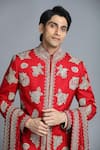 Char Chaand_Red Linen Satin Embroidery Aari Floral Sherwani Set _at_Aza_Fashions