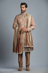 Buy_Char Chaand_Beige Silk Printed Paisley Sherwani Set _at_Aza_Fashions