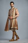 Char Chaand_Beige Silk Printed Paisley Sherwani Set _Online_at_Aza_Fashions