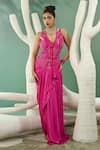 Buy_One Knot One_Pink Jacket Habutai Silk Embroidery Bead Plunge V Neck Abstract And Skirt Set _at_Aza_Fashions