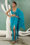 One Knot One_Blue Saree Georgette Embroidery Bead Deep V Waistband Pre-draped With Blouse _at_Aza_Fashions