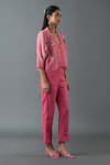 Oja_Pink Japanese Quash Embroidery Floral Collared Neck Jacket And Pant Set _Online_at_Aza_Fashions