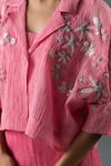 Buy_Oja_Pink Japanese Quash Embroidery Floral Collared Neck Jacket And Pant Set _Online_at_Aza_Fashions