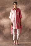 Buy_Oja_Pink Japanese Quash Embroidery Floral Collared Neck Kurta With Pant _at_Aza_Fashions