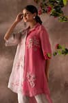 Shop_Oja_Pink Japanese Quash Embroidery Floral Collared Neck Kurta With Pant _Online_at_Aza_Fashions