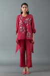 Buy_Oja_Maroon Japanese Quash Embroidery Floral Round Neck Asymmetric Top With Pant _at_Aza_Fashions