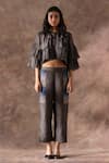 Buy_Oja_Grey Japanese Quash Embroidery Sequins Round Neck Ruffled Jacket With Pant _at_Aza_Fashions