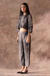 Buy_Oja_Grey Japanese Quash Embroidery Sequins Round Neck Ruffled Jacket With Pant _Online_at_Aza_Fashions