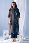 Buy_Oja_Grey Japanese Quash Embroidery Floral Collared Color Block Tunic With Pant _at_Aza_Fashions