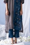 Buy_Oja_Grey Japanese Quash Embroidery Floral Collared Color Block Tunic With Pant _Online_at_Aza_Fashions