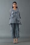 Buy_Oja_Grey Japanese Quash Embroidery Floral Round Neck Flower Tunic And Pant Set _at_Aza_Fashions