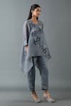 Oja_Grey Japanese Quash Embroidery Floral Round Neck Flower Tunic And Pant Set _Online_at_Aza_Fashions