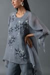 Buy_Oja_Grey Japanese Quash Embroidery Floral Round Neck Flower Tunic And Pant Set _Online_at_Aza_Fashions