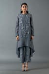 Buy_Oja_Grey Japanese Quash Embroidery Floral Mandarin Collar Flower Kurta And Pant Set _at_Aza_Fashions