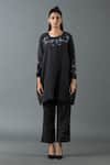 Buy_Oja_Black Japanese Quash Embroidery Floral Round Neck Flower Long Top With Pant _at_Aza_Fashions