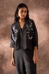 Shop_Oja_Black Japanese Quash Embroidery Floral Lapel Collar Flower Jacket And Pant Set _Online_at_Aza_Fashions