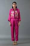 Buy_Oja_Magenta Shrim Linen Embroidered Thread Floral Sequined Cropped Pant Set _at_Aza_Fashions