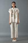 Buy_Oja_Ivory Shrim Linen Embroidered Thread Shirt Collar Floral Sequined And Pant Set _at_Aza_Fashions