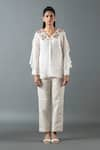 Buy_Oja_Ivory Shrim Linen Embroidered Thread Peter Pan Collar Blossom Bead Shirt With _at_Aza_Fashions