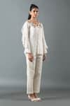 Oja_Ivory Shrim Linen Embroidered Thread Peter Pan Collar Blossom Bead Shirt With _Online_at_Aza_Fashions