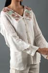 Buy_Oja_Ivory Shrim Linen Embroidered Thread Peter Pan Collar Blossom Bead Shirt With _Online_at_Aza_Fashions