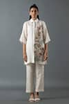 Buy_Oja_Ivory Shrim Linen Embroidered Thread Shirt Collar Blossom Bead Tunic With Pant _at_Aza_Fashions