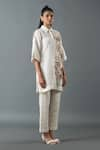 Oja_Ivory Shrim Linen Embroidered Thread Shirt Collar Blossom Bead Tunic With Pant _Online_at_Aza_Fashions