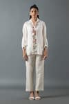 Buy_Oja_Ivory Shrim Linen Embroidered Thread Shirt Collar Floral Bead With Pant _at_Aza_Fashions