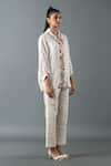 Oja_Ivory Shrim Linen Embroidered Thread Shirt Collar Floral Bead With Pant _Online_at_Aza_Fashions