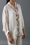 Buy_Oja_Ivory Shrim Linen Embroidered Thread Shirt Collar Floral Bead With Pant _Online_at_Aza_Fashions