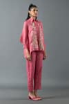 Oja_Pink Shrim Linen Embroidered Thread Shirt Collar Floral High-low With Pant _Online_at_Aza_Fashions