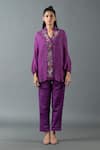 Buy_Oja_Purple Shrim Linen Embroidered Thread Shirt Collar Floral Bead Top With Pant _at_Aza_Fashions