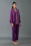 Oja_Purple Shrim Linen Embroidered Thread Shirt Collar Floral Bead Top With Pant _Online_at_Aza_Fashions