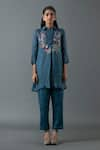 Buy_Oja_Blue Shrim Linen Embroidered Thread Shirt Collar Floral Bead Tunic With Pant _at_Aza_Fashions