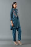 Oja_Blue Shrim Linen Embroidered Thread Shirt Collar Floral Bead Tunic With Pant _Online_at_Aza_Fashions